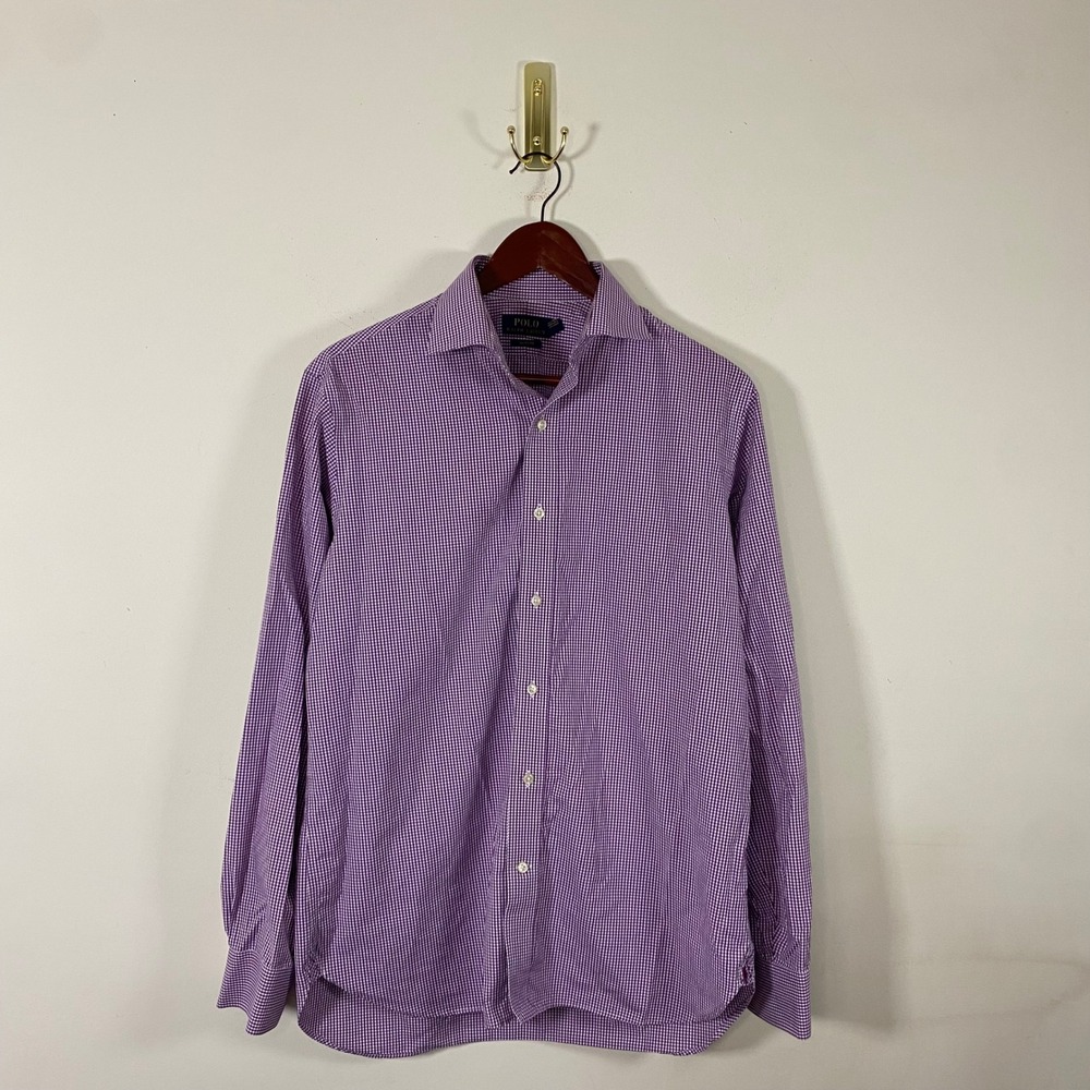 Polo Ralph Lauren Mens Gingham Button Up Dress‎ Shirt Easy Care Purple White